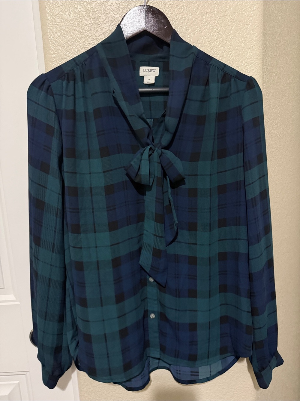 J. Crew Teal and Navy Plaid Bow-Tie Blouse